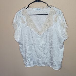 Vintage Etienne Ivory Floral Lace Chemise Pajama Shirt Blouse Soft Large